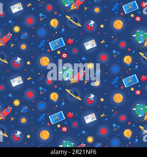 Universe world knowledge seamless pattern vector. Galaxy researching and discovery on flying rocket spaceship. Space researchment and exploration on s Stock Vector
