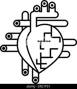 Human heart with arteries and vessels. Sketchy linear icon device of human organ pumping blood in healthy body. Maintaining healthy lifestyle. Simple Stock Vector