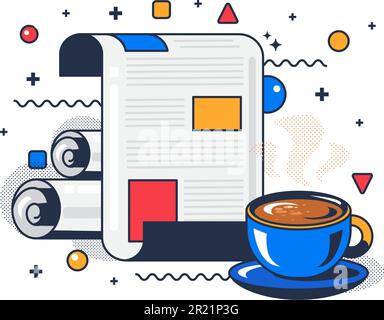 Morning news and letter read on breakfast vector. Energy drink coffee or tea cup and newspaper for reading fresh information. Enjoying beverage and re Stock Vector