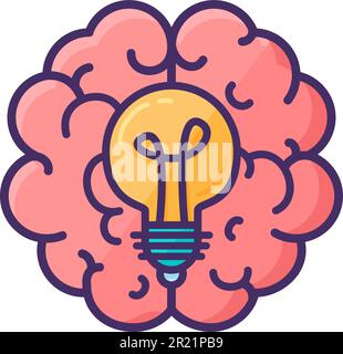Electric incandescent lamp inside Hemispheres of human brain with convolutions. Brainstorming, sudden idea and thought process. Flat symbol with strok Stock Vector