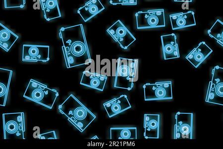 Beautiful abstract neon seamless pattern of bright glowing icons of old vintage retro hipster cameras from the 70s, 80s, 90s and copy space on a black Stock Vector