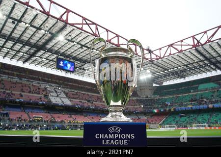 Milan, Italy. 16th May, 2023. A detailed view of the UEFA Champions League trophy prior to the UEFA Champions League Semi-Final second leg match between FC Internazionale and AC Milan at Stadio San Siro, Milan, Italy on 16 May 2023. Credit: Giuseppe Maffia/Alamy Live News Stock Photo