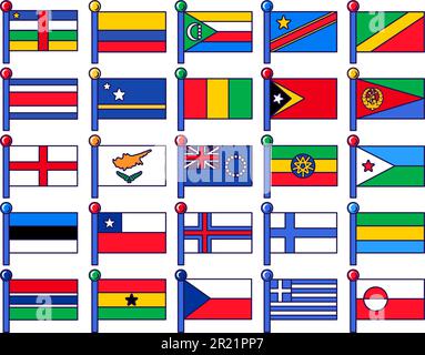 Country flag on flagpole collection set vector. Greenland and greece, ghana and gabon, finland and ethiopia national symbol of freedom. Territory trad Stock Vector