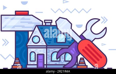 One story residential building repaired with hand construction tools. Hammer, wrench, screwdriver. Home Construction and Renovation. Simple cartoon ou Stock Vector