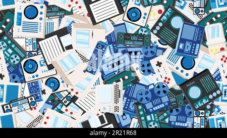 Seamless pattern endless with tech electronics equipment old retro vintage hipster from 70s, 80s, 90s isolated on white background. Vector illustratio Stock Vector