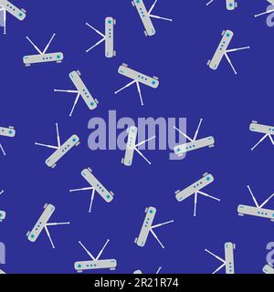 Seamless pattern, texture of modern powerful digital wireless white wi-fi routers, modems for the Internet, technology isolated on a blue background. Stock Vector