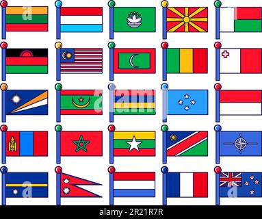 Set of flags on flagpole for registration of solemn event, meeting foreign guests. Flags of countries on staff collection. Color vector isolated on wh Stock Vector