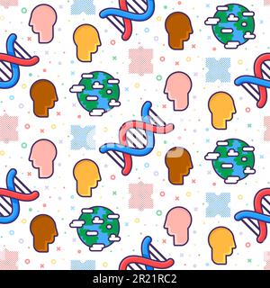 Medical seamless pattern with DNA molecule and profile of person face. Design of printed products for medical institution. Ornament for printing on fa Stock Vector