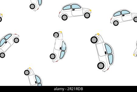 Texture, seamless pattern of small children's beautiful beautiful fast cars, hatchbacks with wheels. Background, wallpaper. Vector illustration. Stock Vector