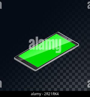 Mobile isometric phone, smart phone with a green screen on a translucent dark squared gray background of squares. Vector illustration. Stock Vector