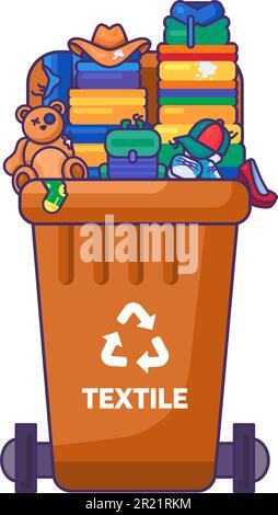 Opened fulled container with lid for storing, recycling and sorting used household textile waste. Transportable trash bin for scraps of fabric, toys a Stock Vector