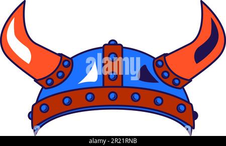 Medieval helmet of ancient viking decorated with sharp bull horns, iron plates and rivets. Traditional, fairy tale headdress for design of vector cart Stock Vector