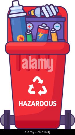 Opened fulled container with lid for storing, recycling and sorting used household hazardous waste. Red transportable trash bin for combustible and fl Stock Vector