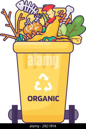 Opened fulled container with lid for storing, recycling and sorting used household organic waste. Transportable trash bin for leftover food, vegetable Stock Vector