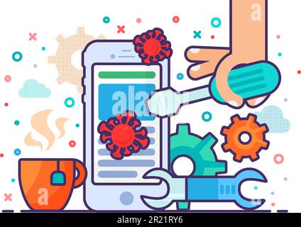 Hand of specialist master repairs smartphone, damaged by viruses. Concept of electronics service center. Conceptual outline color vector illustration Stock Vector