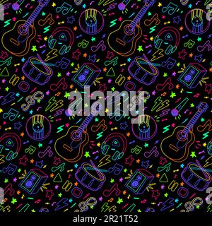 Musical instrumental concert neon seamless pattern with rock and classic musical instruments. Ornament for printing on fabric, cover and packaging. Ve Stock Vector