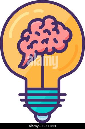 Hemispheres of human brain with convolutions inside an creativity lightbulb. Brainstorming, sudden idea and thought process. Flat symbol with stroke i Stock Vector