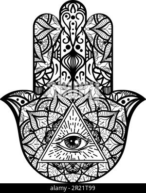 Hamsa symbol all seeing Eye inside human palm decorated with mystical ornaments. Spiritual black symbol in linear style. Secret sacred vector sign iso Stock Vector