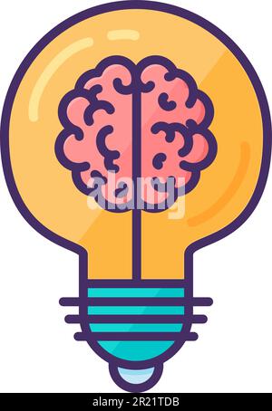 Hemispheres of human brain with convolutions inside an creativity lightbulb. Brainstorming, sudden idea and thought process. Flat symbol with stroke i Stock Vector