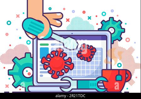 Hand of specialist master repairs laptop, computer after being damaged by viruses. Concept of electronics service center. Conceptual color vector illu Stock Vector