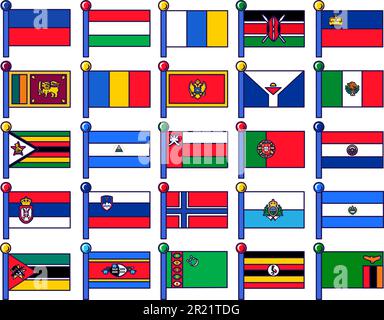 Flags on flagpole for registration of solemn event, meeting foreign guests. Different flags of countries on staff collection. Color flat vector isolat Stock Vector