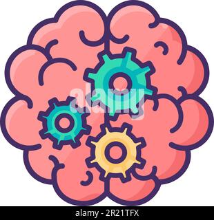 Hemispheres of human brain with convolutions inside an gear mechanism. Brainstorming, sudden idea and thought process. Flat symbol with stroke isolate Stock Vector