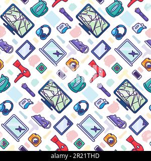 Broken electronic devices seamless pattern with dryer, camera, smartphone, kettle, headphone, laptop, tablet, phone. Ornament for printing on fabric, Stock Vector