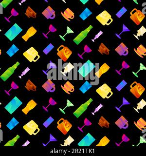 Glass Cups and Drinks seamless pattern with mug, cup, bottle, wine glass of alcoholic fruit and tonic drinks. Ornament for printing on fabric, cover a Stock Vector