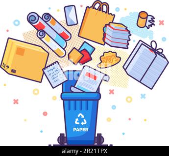 Bunch of old unwanted Paper Cardboard Items fall into open trash can. Heap of old books, newspapers, boxes, packages. Paper pollution problem. Simple Stock Vector
