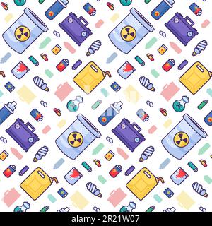 Dangerous toxic substances seamless pattern with flammable, combustible, battery, acid, tablets, bulb. Ornament for printing on fabric, cover and pack Stock Vector