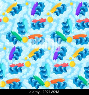 Surfing Adventure paradise island seamless pattern with sea waves and boards. Ornament for printing on fabric textile, cover and packaging. Vector iso Stock Vector