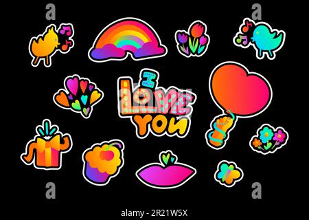 Declarative gradient festive Stickers with neon bright on dark black backdrop. Party icons for design of card or invitation. Doodle hand drawn illumin Stock Vector