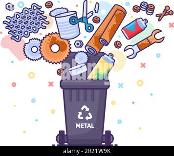 Pile of old unwanted rusty iron Items fall into open trash can. Heap of old rusty broken metal industry things. Metal pollution problem. Simple cartoo Stock Vector