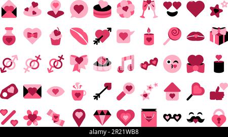Collection of Valentine day celebration icons. Gift, dessert, sweetness, champagne, scented candle, surprise box, heart and jewels. Elements for Love Stock Vector