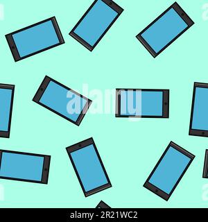Texture of seamless pattern of modern gadgets digital mobile phones smartphones new in flat style devices isolated on blue background. Vector illustra Stock Vector