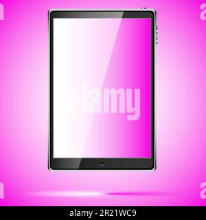 Black realistic mobile touch smart tablet computer with a screen with lorem ipsum with a glare of light with a shadow located vertically isolated on a Stock Vector