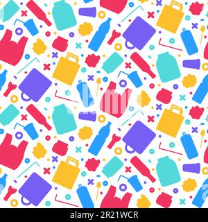Unwanted plastic objects seamless pattern with polyethylene, packaging, tableware, bottle, canister, plate, fork, bag. Ornament for printing on fabric Stock Vector