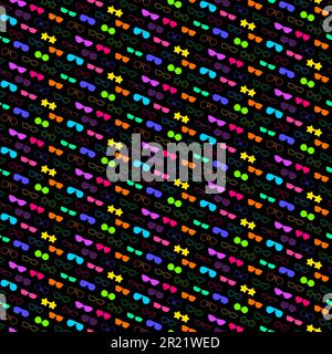Neon seamless pattern with beach specs, classic and club sunglasses, women and men glasses. Ornament for printing on fabric, cover and packaging. Vect Stock Vector