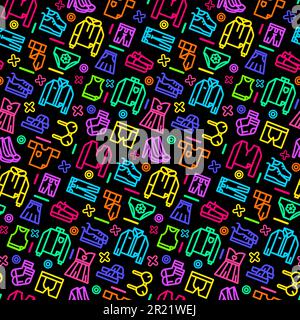 Shoes and clothes textile neon seamless pattern with cloth, fabric, shoe, trousers, fiber, jeans, sweater. Ornament for printing on fabric, cover and Stock Vector