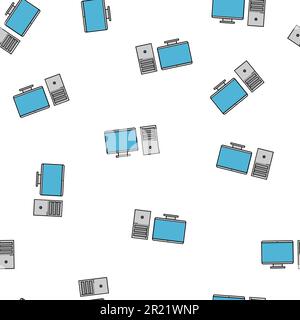 Seamless pattern, texture of modern powerful digital office computers with a monitor and a rectangular system unit, technology isolated on a white bac Stock Vector