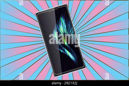 Modern new touchscreen mobile phone smartphone on a background of abstract blue rays. Vector illustration. Stock Vector