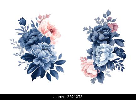 Vintage watercolor blue and pink flowers, isolated and editable vector. Stock Vector
