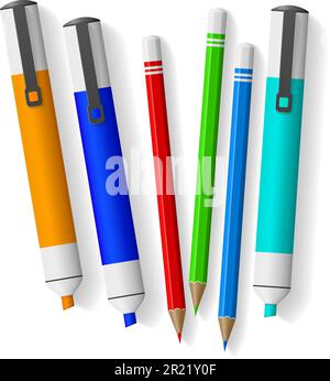 Realistic school supply. Office stationery. Color highlighters. Sharpened pencils. Children painter education. Graphite pens and pigment markers for Stock Vector
