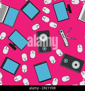 Seamless pattern, texture from modern digital devices, gadgets, tablets, smartphones, mice, speakers, monitors, laptops, routers for internet, compute Stock Vector