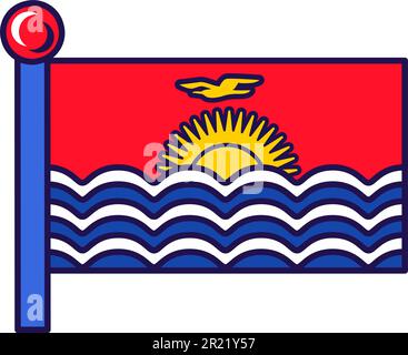 Kiribati republic nation flag on flagstaff vector. Flying yellow frigate bird, rising sun and wavy stripes sea on official and patriotic symbol of fre Stock Vector