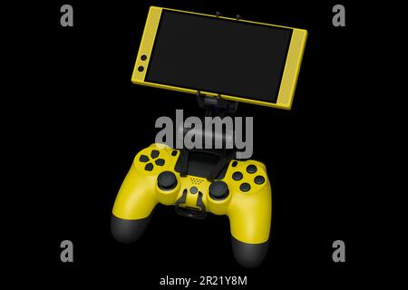 Realistic yellow joystick for playing games on a mobile phone on black background. 3D rendering of video game streaming concept Stock Photo