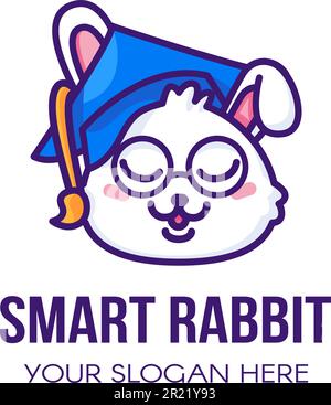 Logo of cute smart rabbit with glasses and graduate cap. Symbol emblem for design decoration, brand name of children private school or kindergarten. V Stock Vector