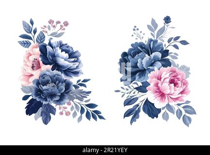 Vintage watercolor blue and pink flowers, isolated and editable vector. Stock Vector
