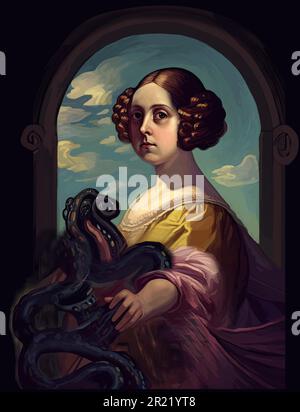 Woman holding a sea monster, octopus Stock Vector