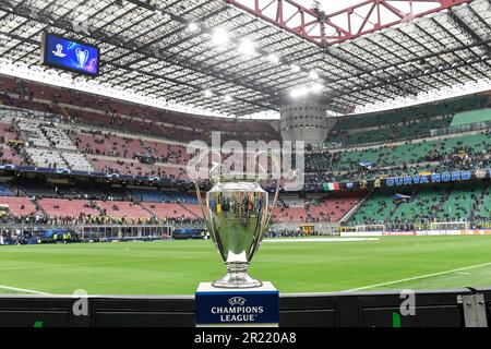 Milan, Italy. 16th May, 2023. The trophy is exposed before the Uefa Champions League football match between FC Internazionale and AC Milan at San Siro stadium in Milan (Italy), May 16th 2023. Credit: Insidefoto di andrea staccioli/Alamy Live News Stock Photo